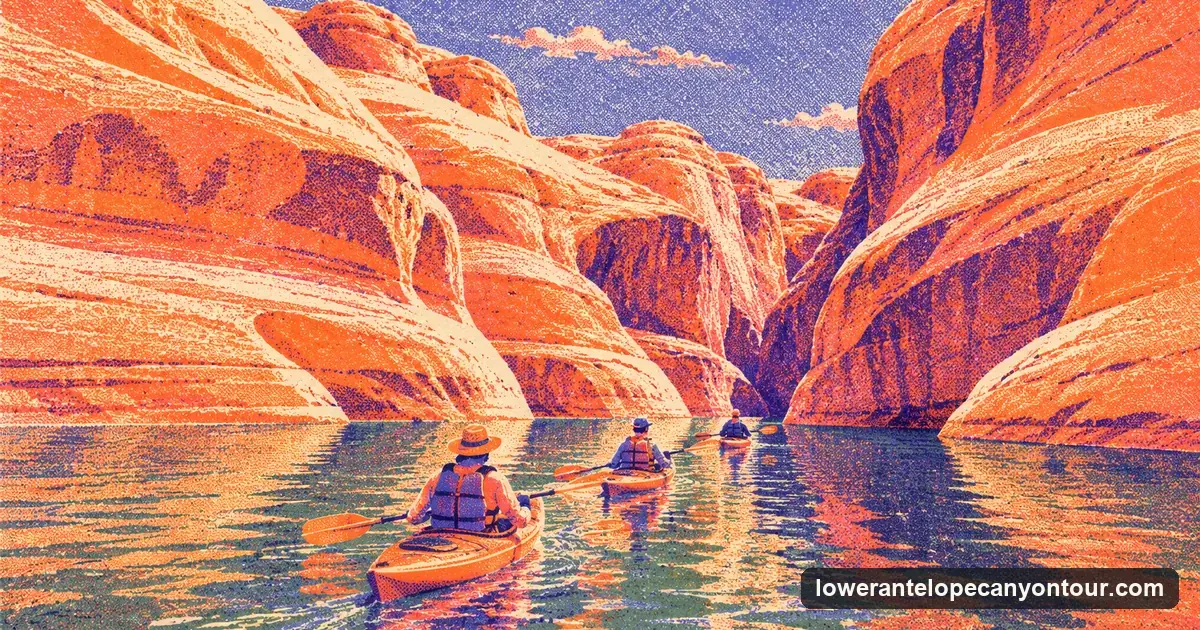 A risograph-style picture of three kayaks paddling on green lake water into a narrow sandstone canyon