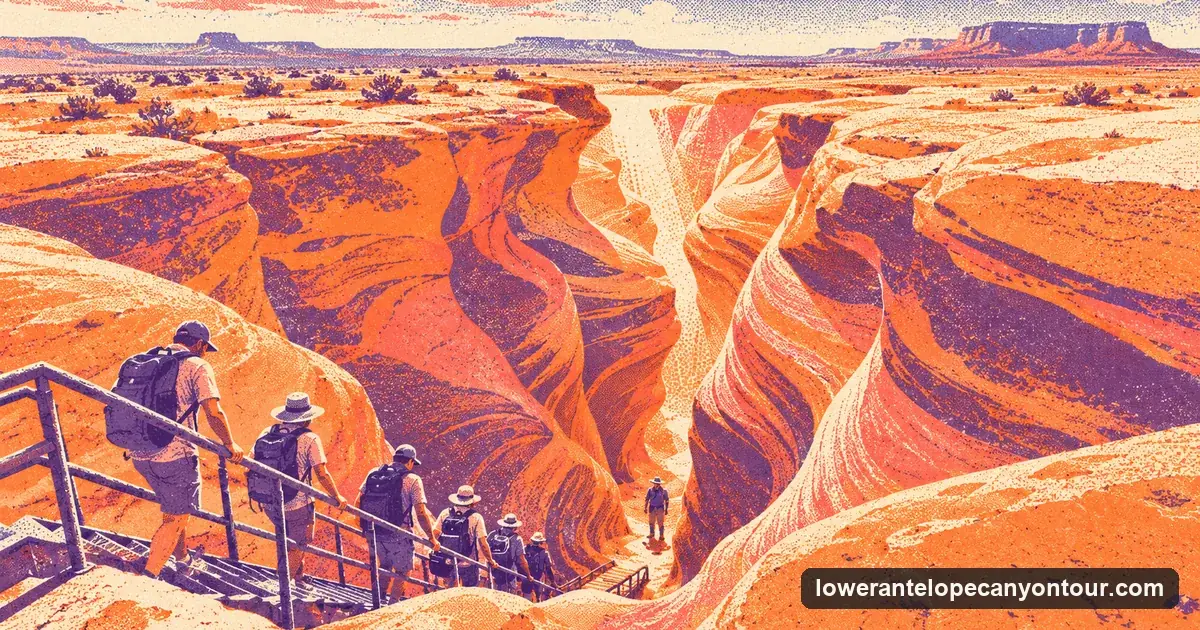 A risograph-style picture of a small guided group climbing down steep metal stairs into a narrow sandstone slot canyon