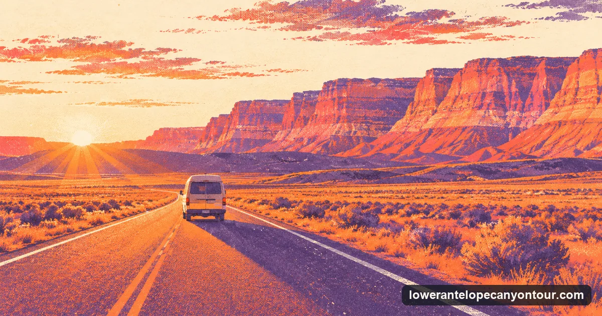 A risograph-style picture of a tour van on an empty desert highway at sunrise, heading toward red buttes and mesas