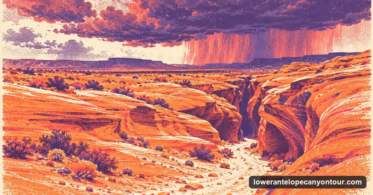 A risograph-style picture of a thunderstorm building over a sandstone desert, a dry wash leading to the mouth of a slot canyon