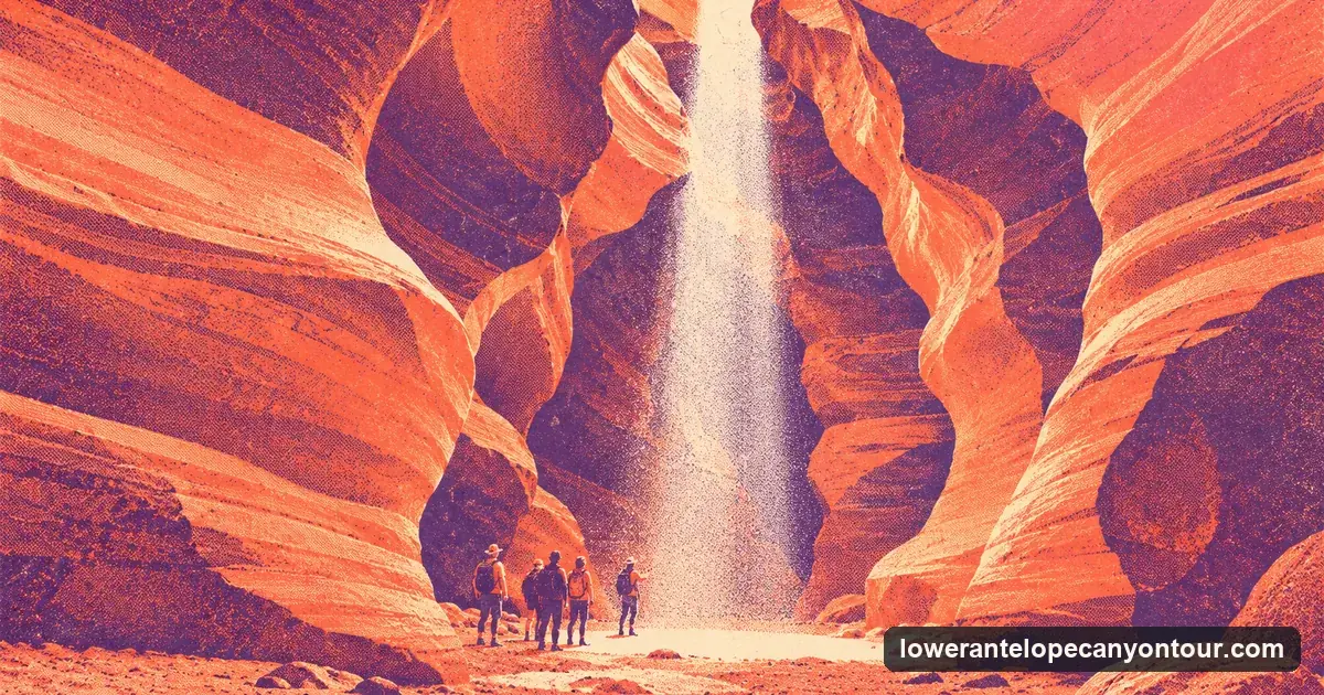 A risograph-style picture of a single beam of midday sunlight falling through a narrow opening onto the sandy floor of a slot canyon