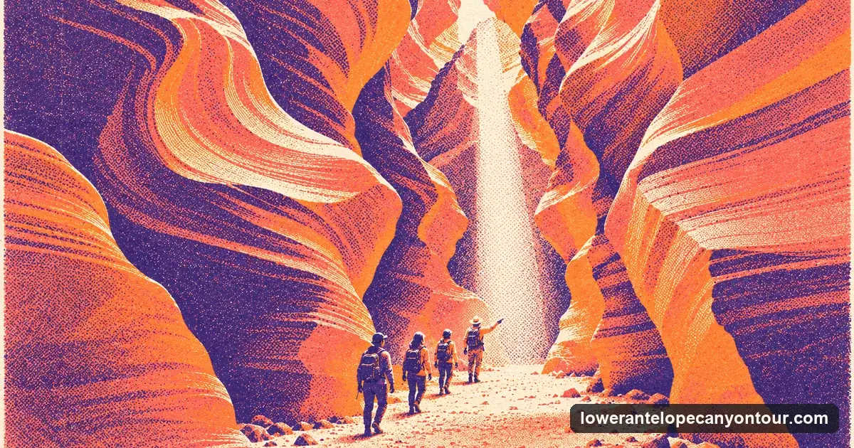 A risograph-style picture of a small guided group walking through a narrow slot canyon under curving sandstone walls and a shaft of light